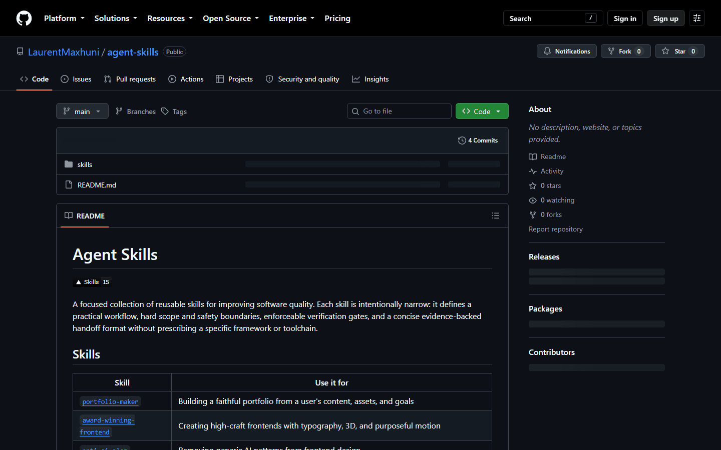 GitHub page for the agent-skills repository showing the skills index table.