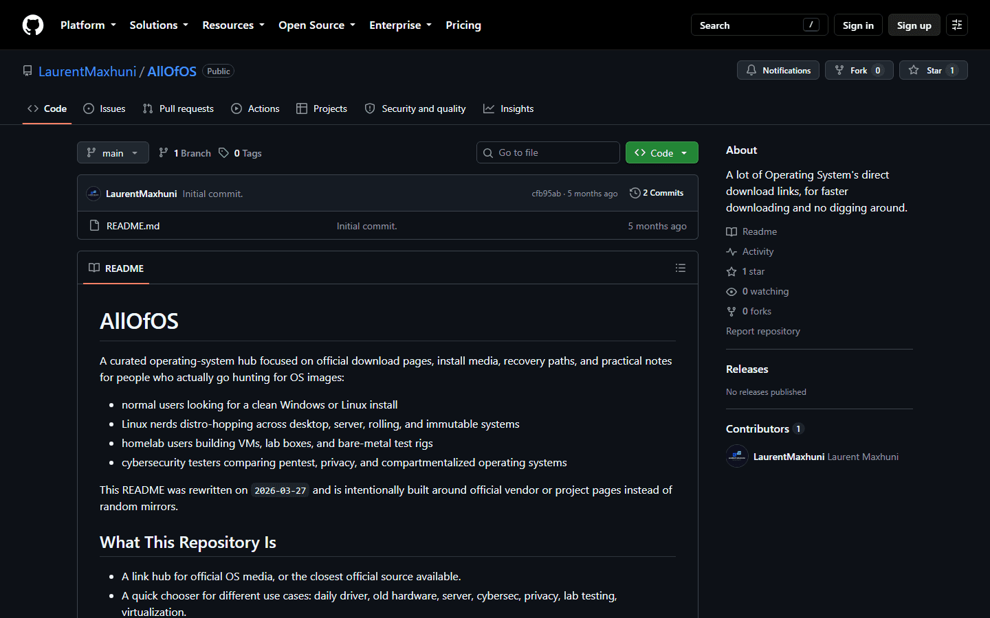 GitHub page for the AllOfOS repository with its operating-system download README.