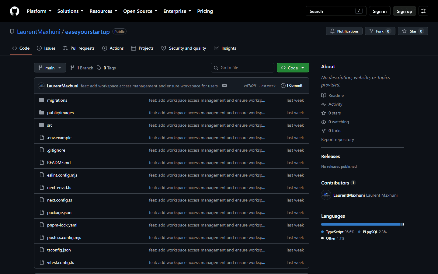 GitHub page for the easeyourstartup repository showing its TypeScript file structure.