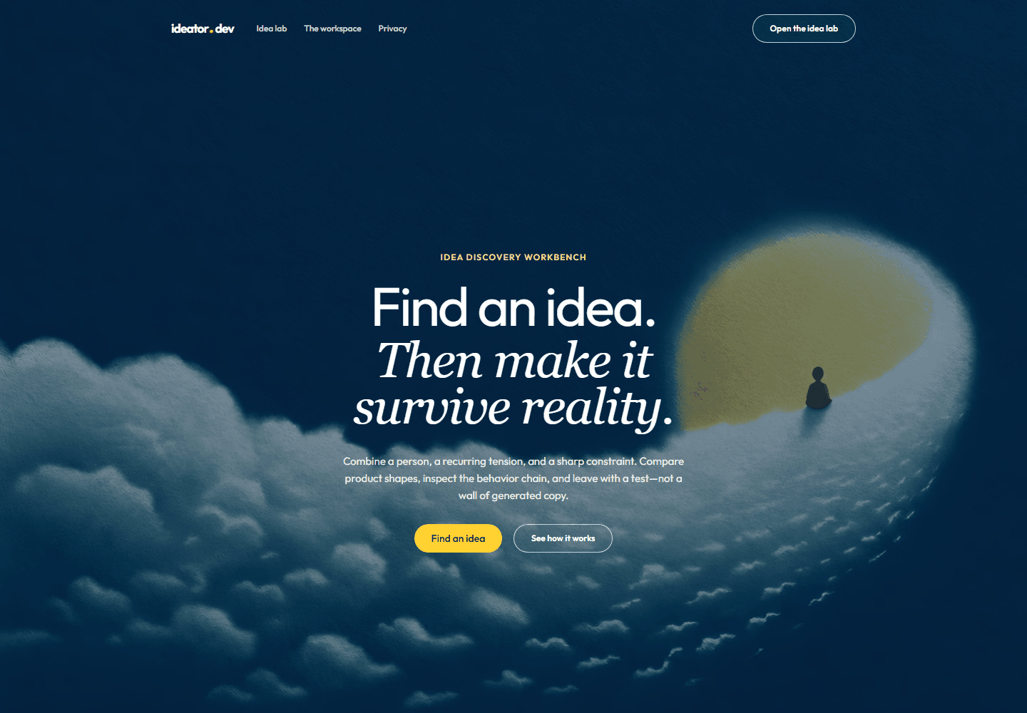 ideator.dev homepage showing an illustrated night sky and its idea-discovery workbench headline.