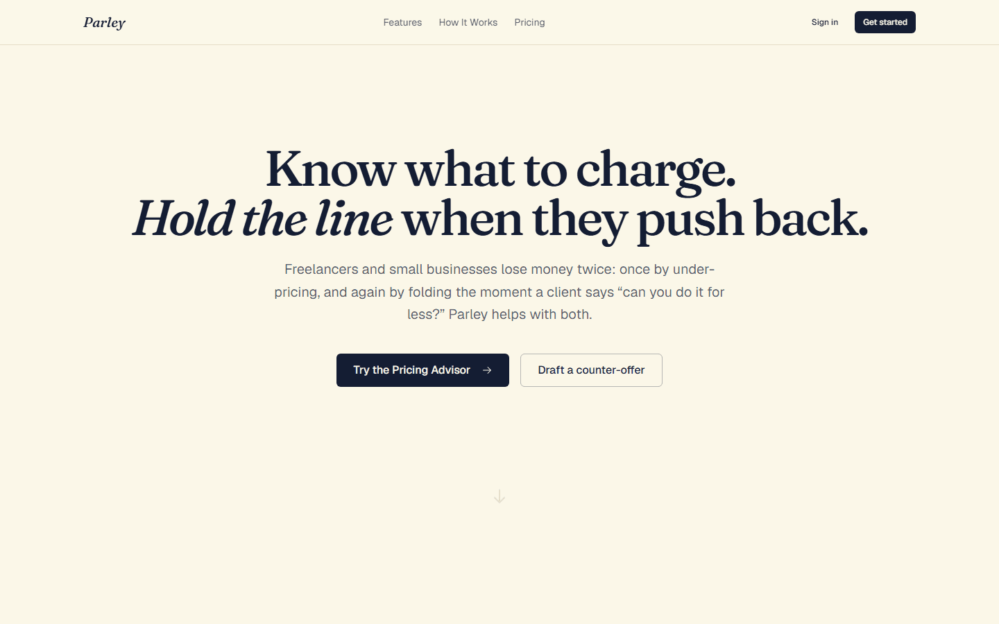 Parley homepage with the headline Know what to charge. Hold the line when they push back.