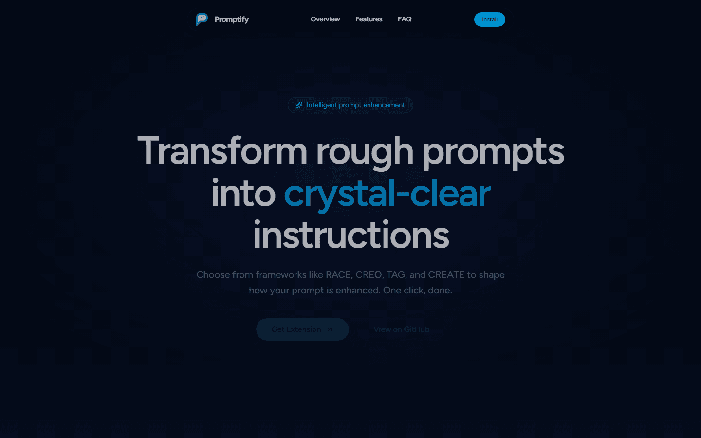 Promptify homepage with the headline Transform rough prompts into crystal-clear instructions.