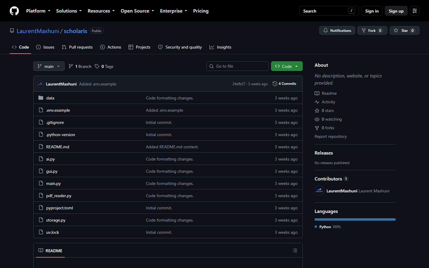 GitHub page for the scholaris repository showing its study-assistant README.