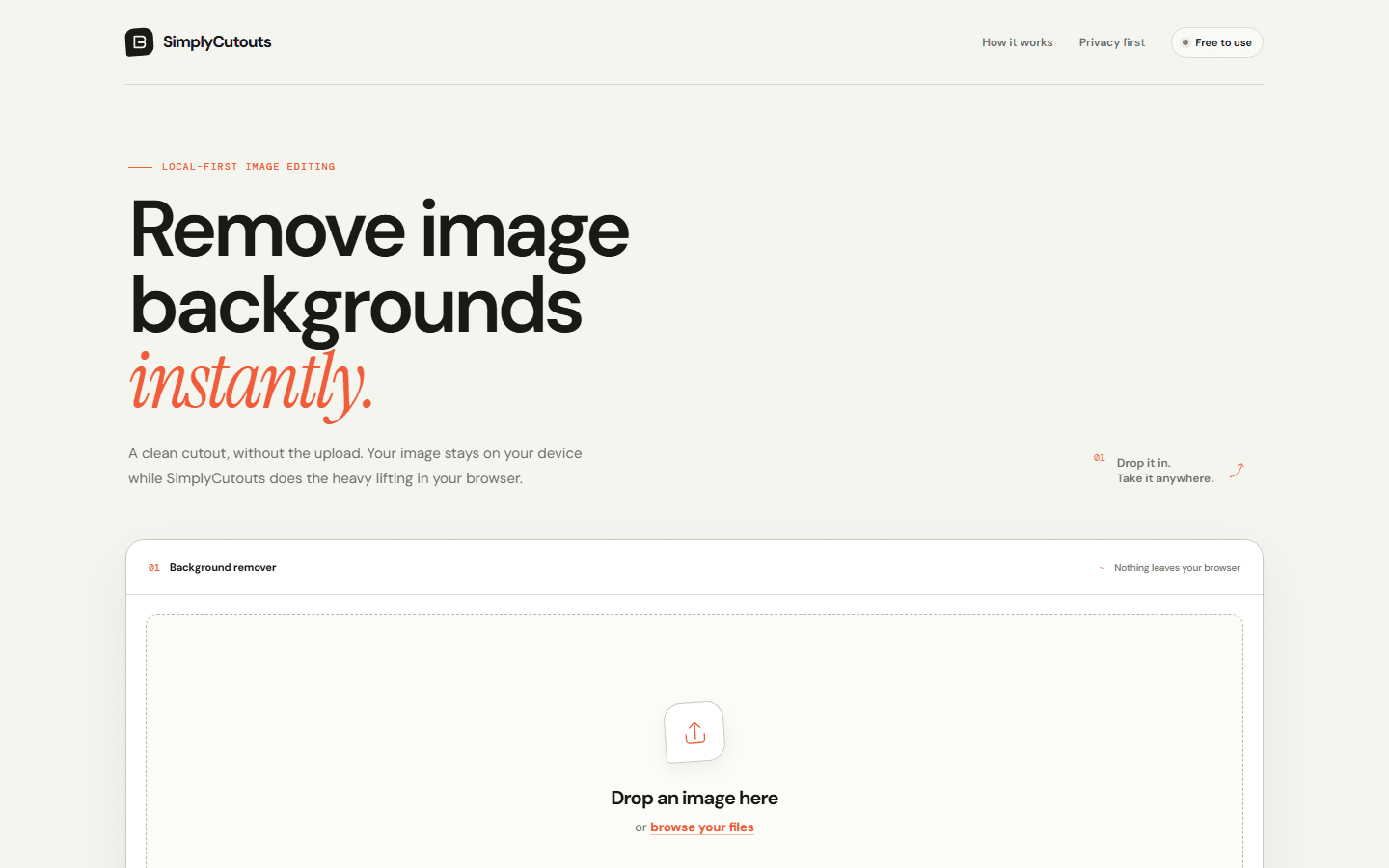 SimplyCutouts homepage with the headline Remove image backgrounds instantly and a drop-an-image panel.