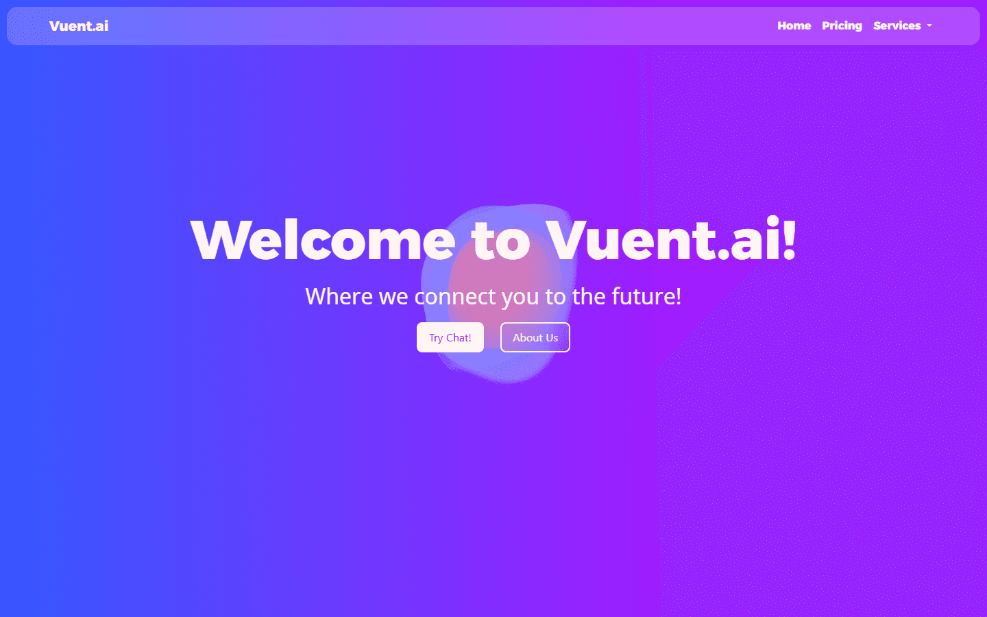 Vuent.ai homepage with the headline Welcome to Vuent.ai over a blue and purple gradient.